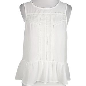 Raga size small white sleeveless top, ruffle bottom, lace design on front